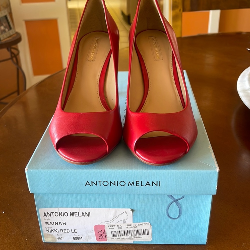 Antonio Melani Red Peep-toe 3” heel. Size 8